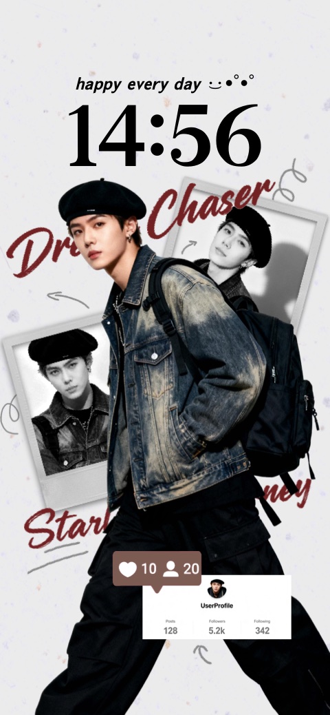 DIY K-pop wallpaper template with denim jacket aesthetic, Polaroid photos, and customizable social media widget.