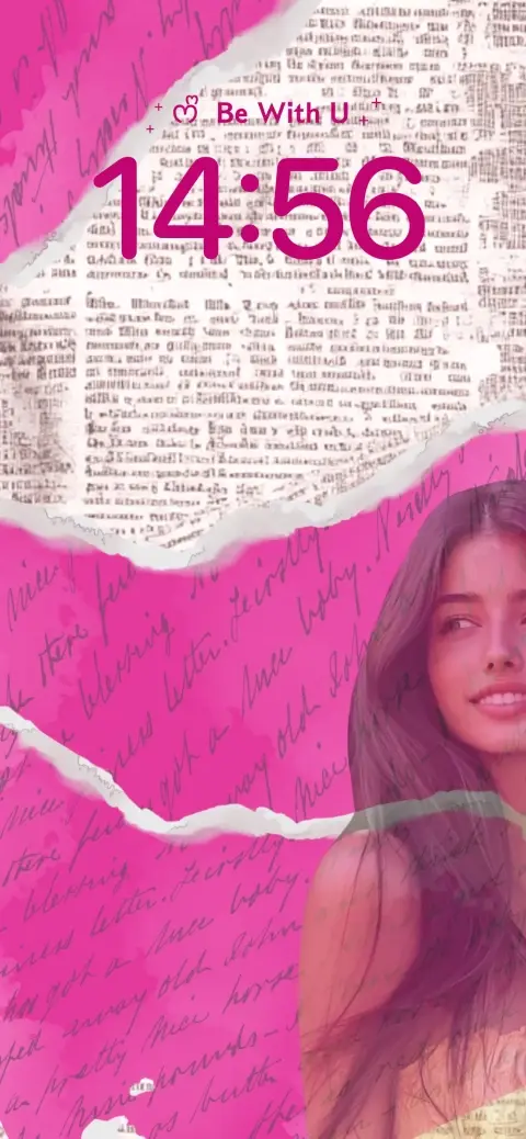 Pink aesthetic scrapbook collage live wallpaper with a girl portrait, newspaper print, and digital clock overlay.