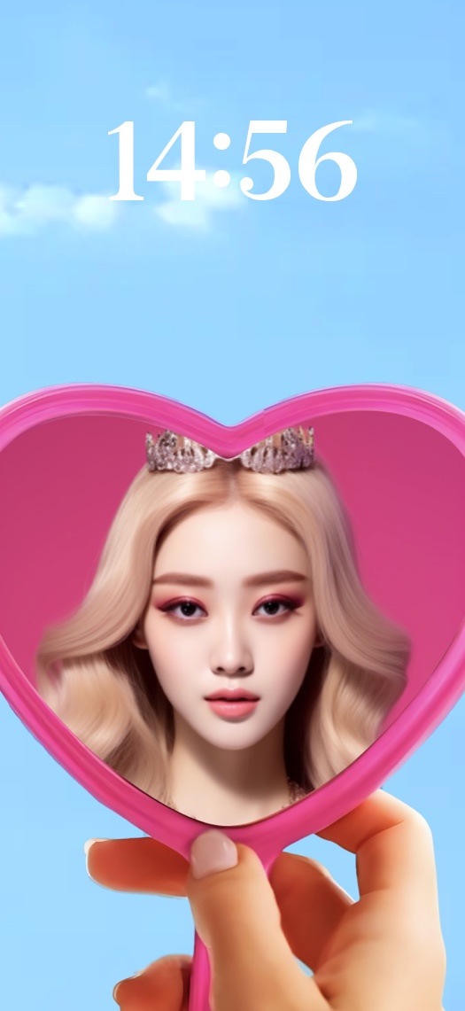 ピンクのハートの鏡にティアラをつけた女の子が写っている青空背景のカスタマイズ用静止画壁紙テンプレート。