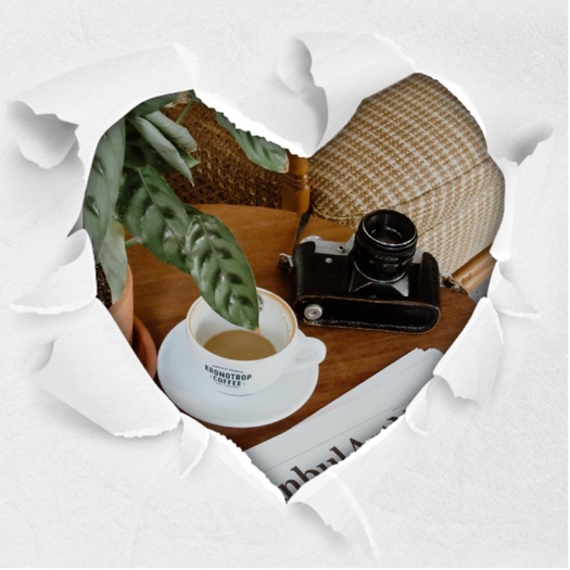 Plantilla de collage con un recorte en forma de corazón y bordes de papel rasgado. Dentro hay una escena acogedora con café, una cámara antigua y plantas.