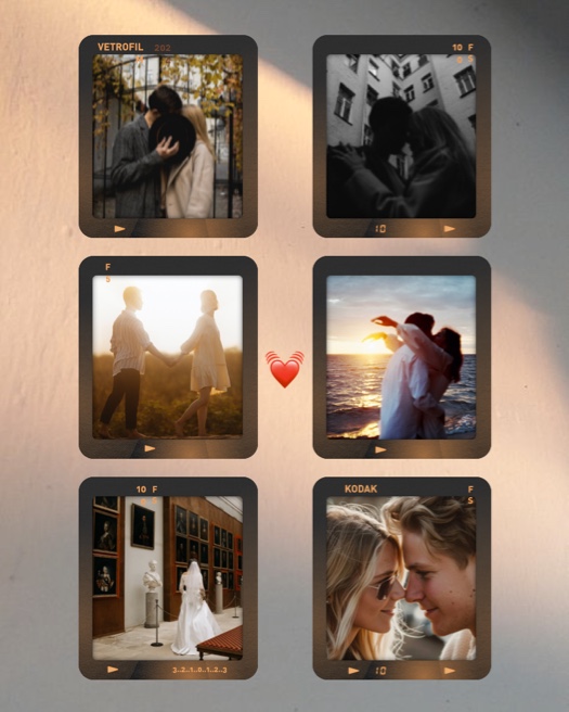 A photo collage template featuring six vintage film-style frames arranged in two columns. The frames have a bronze metallic texture with 'KODAK' and 'VETROFIL' labels. A small red heart sticker is positioned in the center. The background is a cream-colored wall with warm sunlight shadows.
