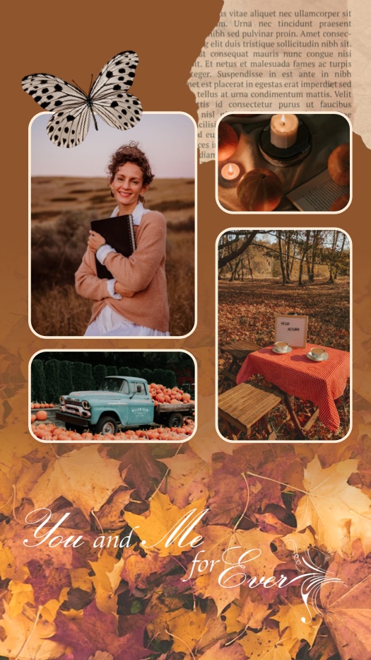 Autumn scrapbook collage with four photos, ripped paper accents, a butterfly, and a background of orange fall leaves.