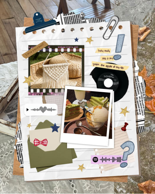 Vintage scrapbook collage with torn notebook paper, polaroid photos, vinyl record sticker, stars, and autumn leaves.