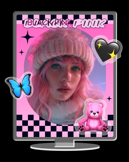 Y2K aesthetic collage template with pink background, black checkered pattern, butterfly, and teddy bear stickers.