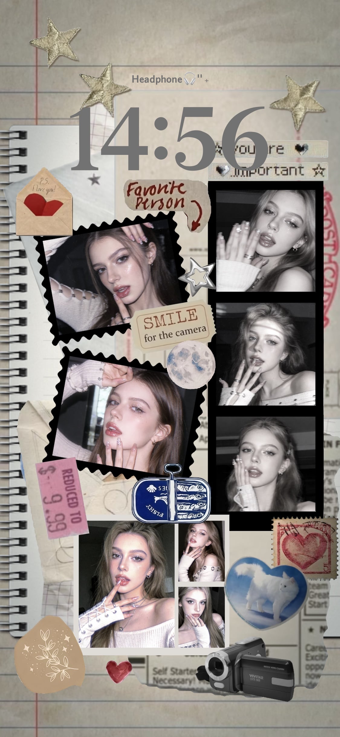 写真フレームと星のステッカーがついた手帳風のカスタマイズ用壁紙テンプレート。