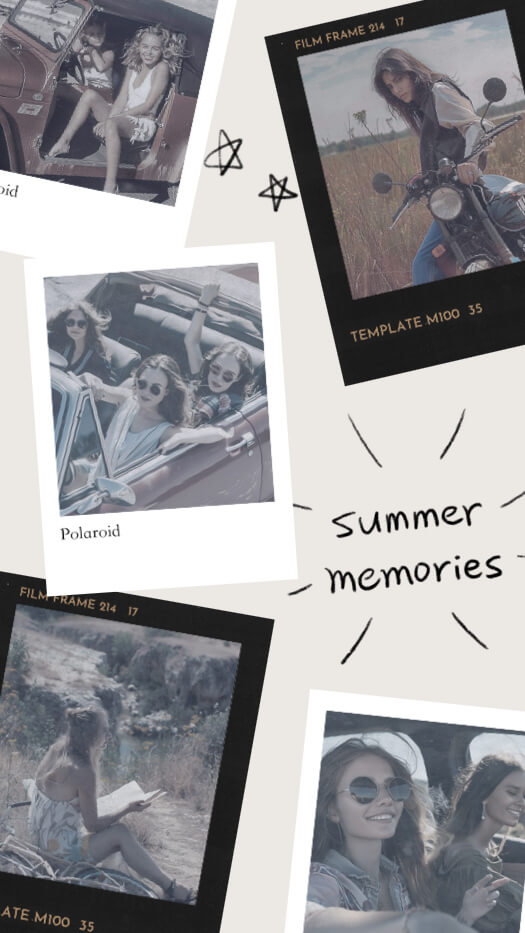 A freestyle photo collage with 'summer memories' handwritten text, featuring white polaroid frames, black film negative frames, star stickers, and a neutral beige background.
