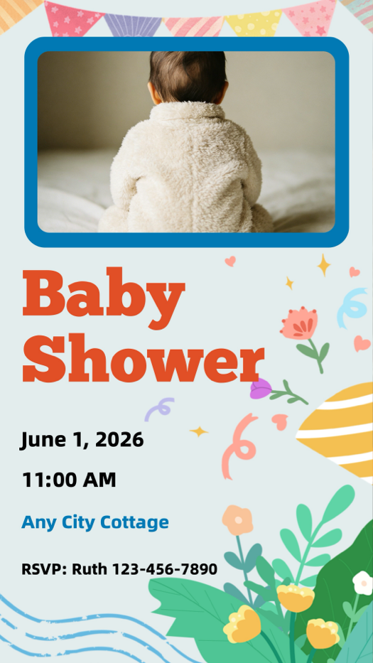 A baby shower invitation template with a blue border, orange 'Baby Shower' text, floral graphics, and a photo of a baby's back.