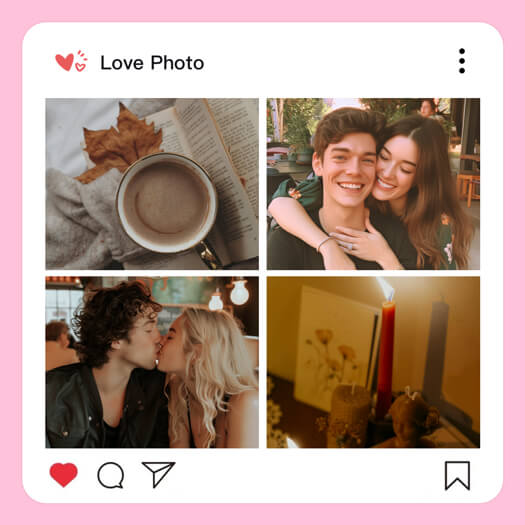 A 4-photo grid collage template with a social media UI design. Photos show an autumn coffee scene, a couple hugging, a couple kissing, and warm candlelight. Includes 'Love Photo' text and heart icons.
