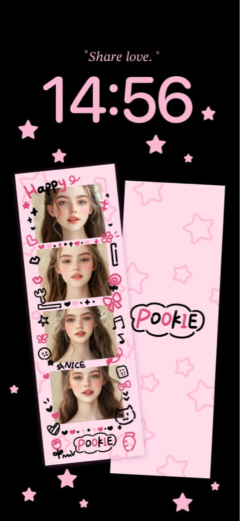 Pink and black Pookie aesthetic DIY wallpaper template with a photobooth strip and star doodles.