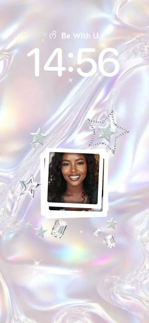 Holographic pearlescent background with silver stars, diamonds, and a central customizable photo frame template.