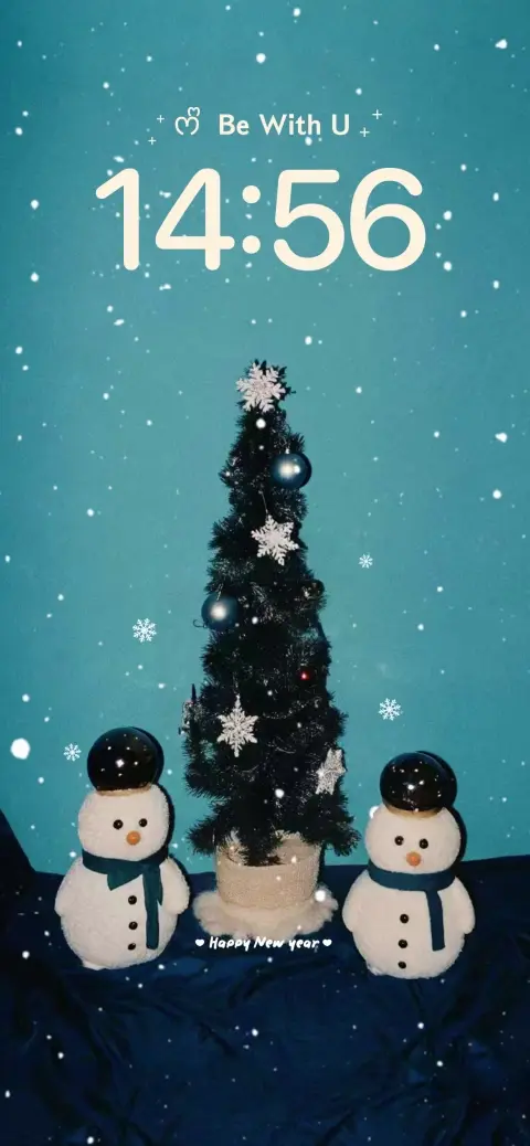 Plantilla de fondo de pantalla personalizable con muñecos de nieve, árbol de navidad y efecto de nieve.