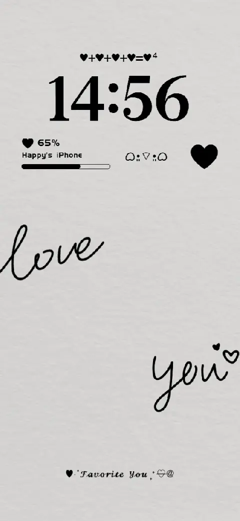 A minimalist black and white live wallpaper template featuring love you script, hearts, and a custom battery widget.