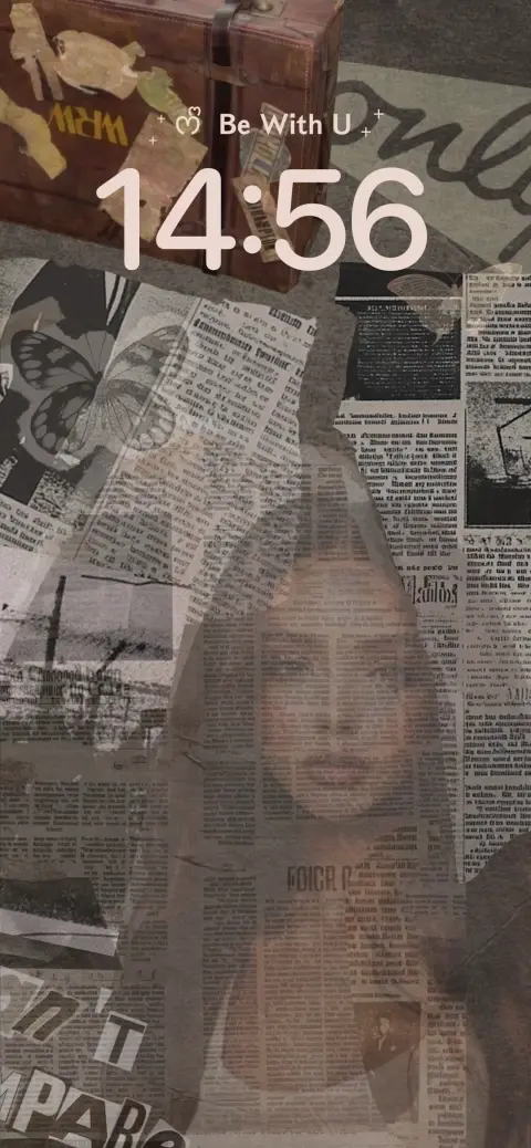 Aesthetic vintage scrapbook live wallpaper featuring retro newspaper collage, butterfly, and travel suitcase elements.