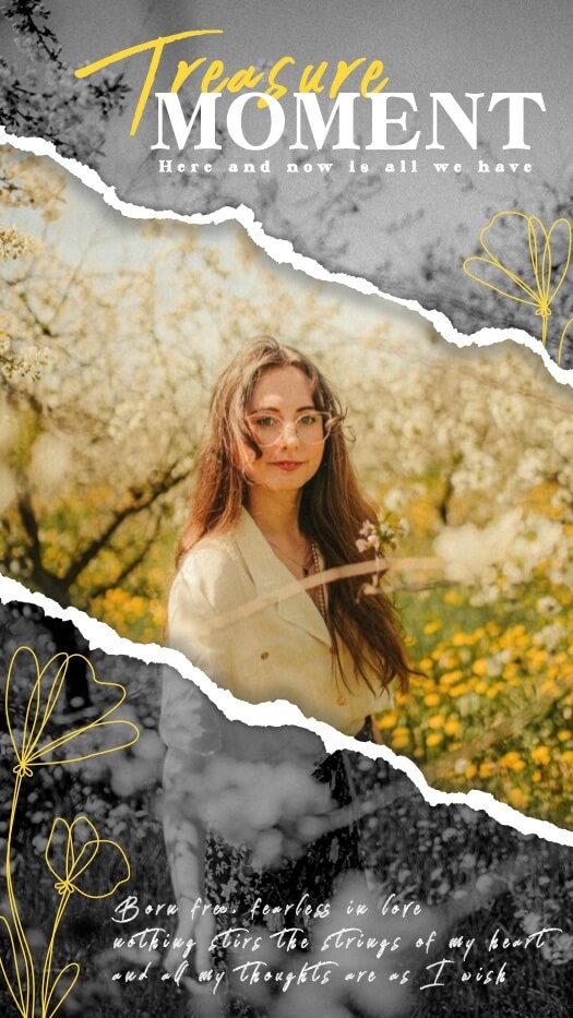 ちぎり紙エフェクトを使用した3段構成のコラージュ。中央には花畑の女性のカラー写真、上下にはモノクロの花柄背景と黄色の文字「Treasure Moment」が配置されています。