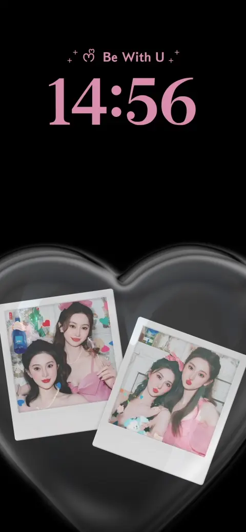Aesthetic live wallpaper template with two Polaroid photos inside a black heart and a pink digital clock display.