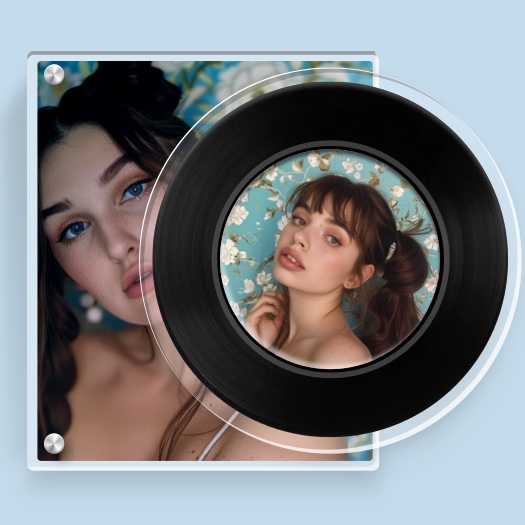 A two-photo collage featuring a large vinyl record overlaying a square photo with an acrylic frame and silver bolts.