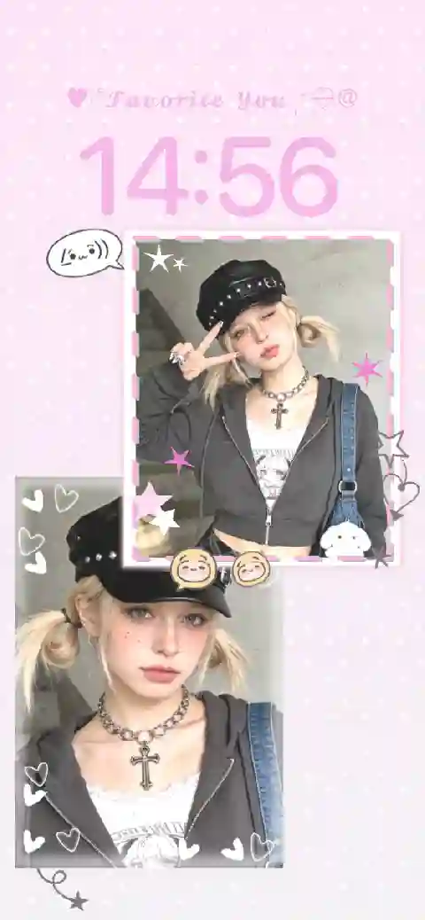 Customizable pink e-girl aesthetic live wallpaper template featuring a girl in a beret with stars and hearts.