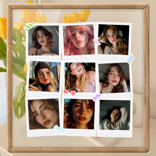 A collage template featuring a 3x3 grid of nine Polaroid-style photos within a light wooden frame. Decorative washi tape and heart stickers are scattered across the frames, with a background of blurred yellow tulips.