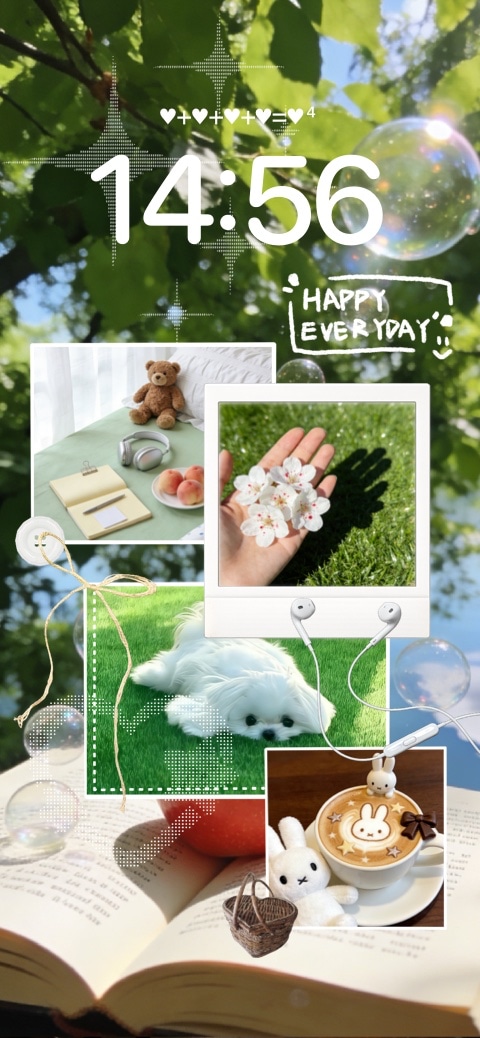 Anpassbare Collage-Hintergrundvorlage mit Naturmotiv, Polaroid-Fotorahmen, Teddybär und Blumen auf grünem Blätterhintergrund.