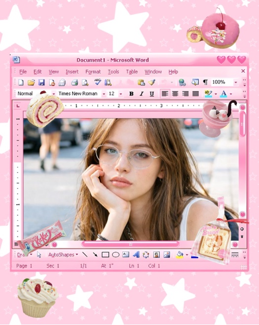 A pink Microsoft Word-inspired software window framing a portrait, surrounded by dessert stickers like donuts and cupcakes on a pink starry background.