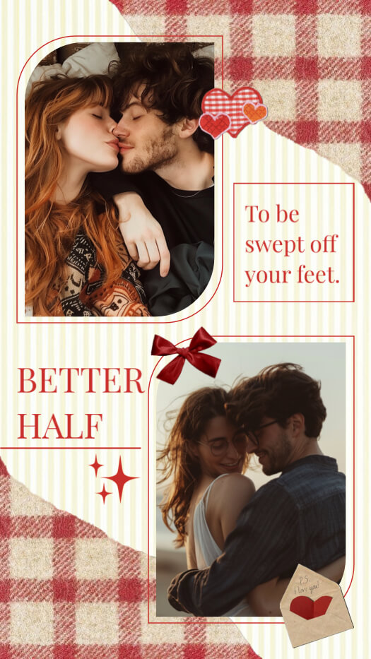 Eine Fotocollage im Scrapbook-Stil mit zwei Paarfotos, roten Karomustern, einer roten Schleife, Herzen und dem Text 'BETTER HALF'.