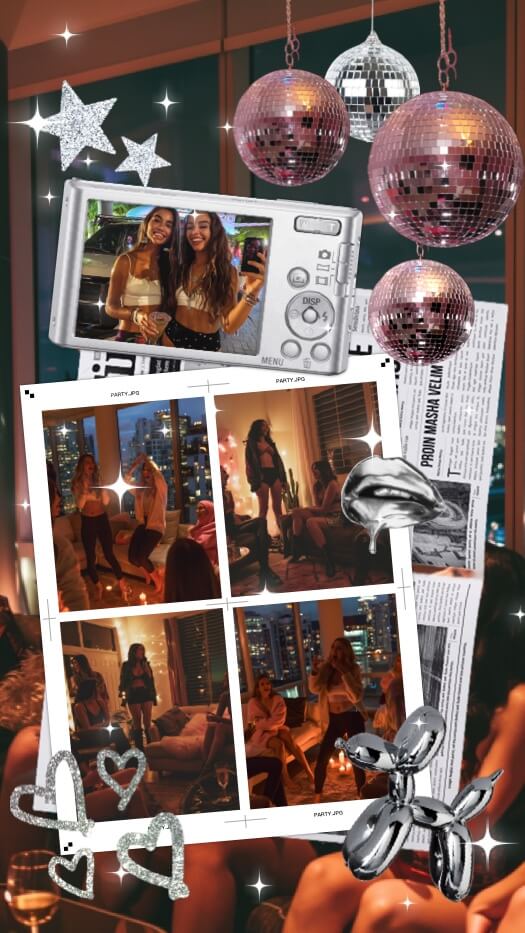 A party-themed collage template with pink disco balls, a silver digital camera frame, a 4-photo grid strip, newspaper background, and silver glittery stickers of hearts, stars, and a balloon dog.