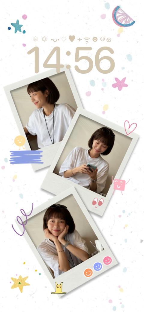 Customizable Polaroid photo collage wallpaper template with hand-drawn doodles, stars, and colorful accents on a white textured background.