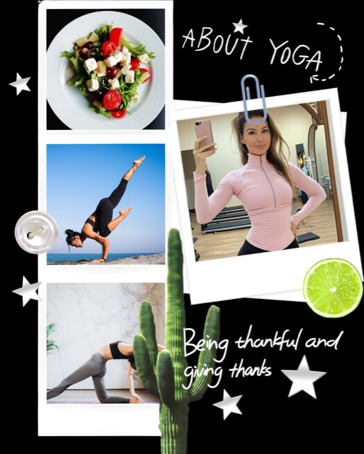 Un montage photo sur le thème du yoga avec fond noir, quatre photos (yoga et nourriture), décoré d'un cactus, d'un trombone et d'étoiles.