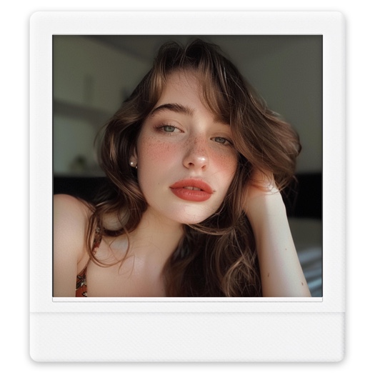 Aesthetic white Polaroid photo frame template featuring a portrait of a woman with freckles for a vintage collage look.