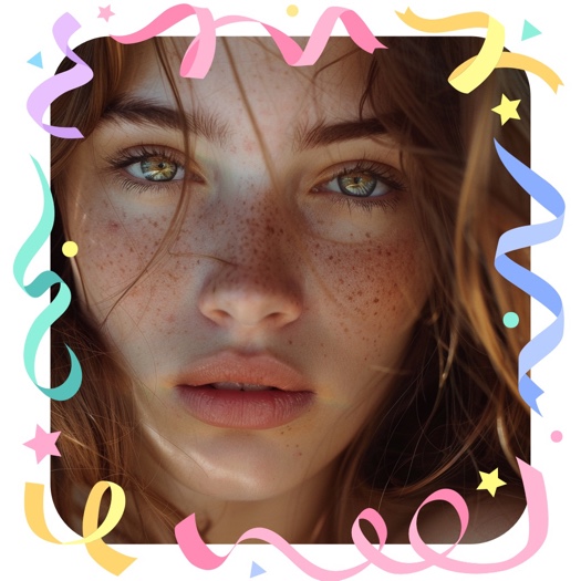 Single photo collage template with colorful pastel ribbons, stars, and streamers framing a woman's portrait.