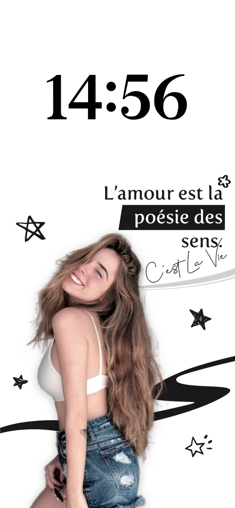 Anpassbare statische Wallpaper-Vorlage mit weißem Hintergrund, schwarzen Sternen und dem französischen Zitat 'L'amour est la poésie des sens'.