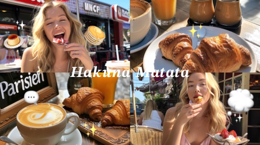 4-grid photo collage template featuring a woman at a cafe with coffee, croissants, and Hakuna Matata text overlay.