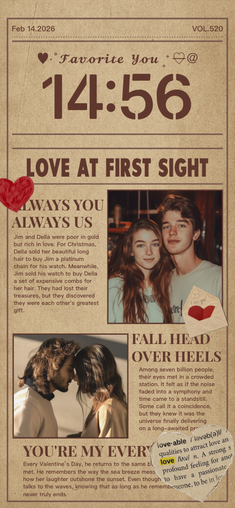 Anpassbare Wallpaper-Vorlage im Vintage-Zeitungsstil mit Kraftpapier-Hintergrund, Herz-Grafiken und Fotorahmen.