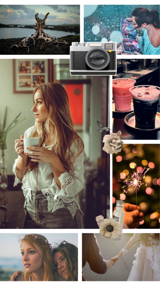 Fotocollage im Scrapbook-Stil mit Kamera-Aufkleber, Blumen, Funken und Lifestyle-Porträts.