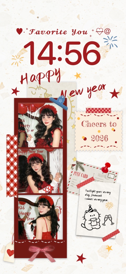 Happy New Year 2026 DIY wallpaper template featuring a red photostrip collage and cute scrapbook stickers for mobile.