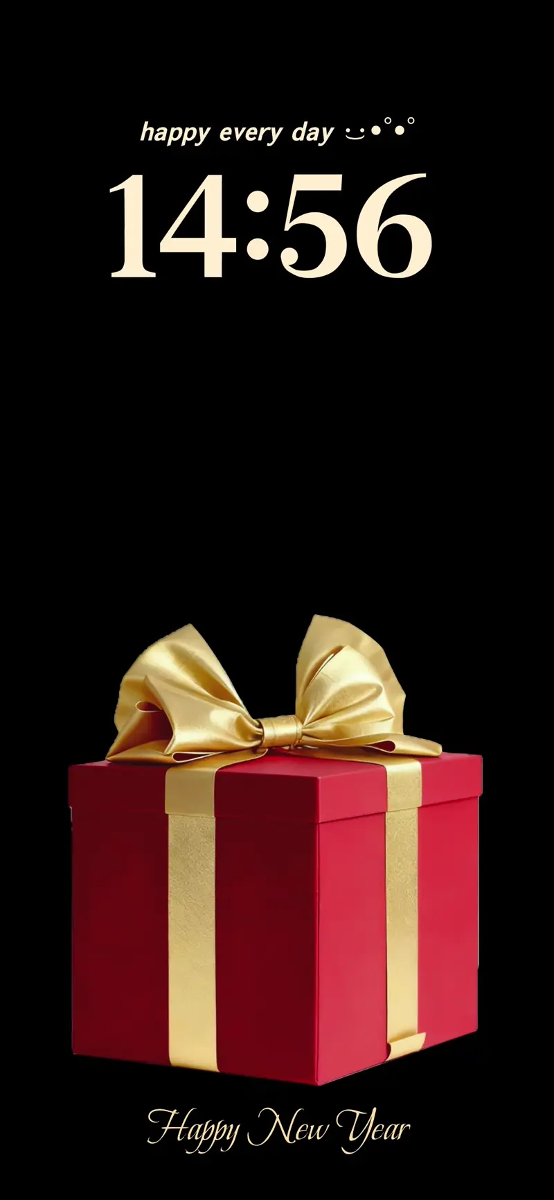 Red gift box with a gold ribbon on a black background for a Happy New Year live wallpaper template.