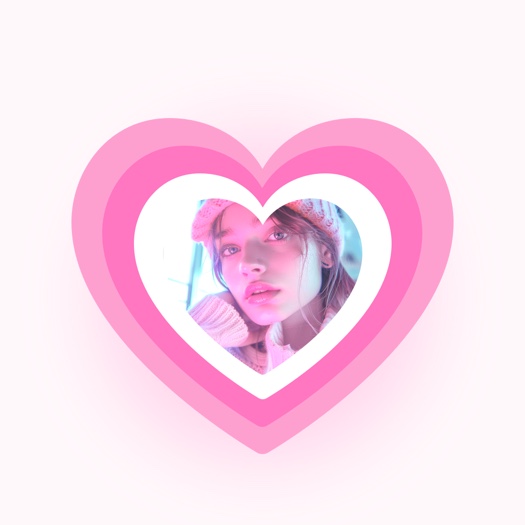 Portrait d'une femme inséré dans un cadre de cœurs concentriques roses et blancs sur fond uni.