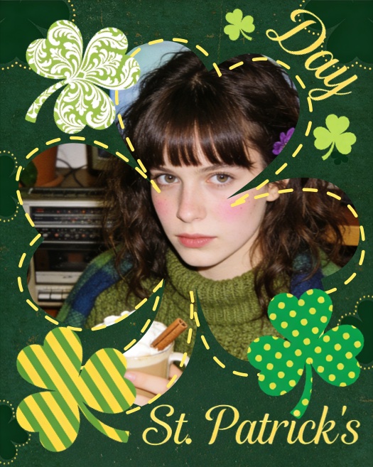 St. Patrick's Day collage template with a large shamrock-shaped photo frame, dark green background, and decorative clover stickers in various patterns like stripes and dots.