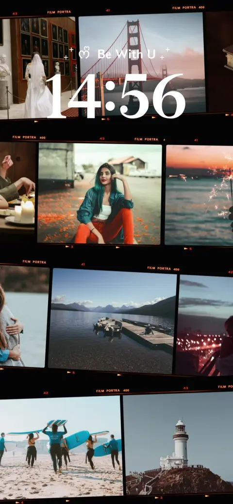 Customizable retro film strip live wallpaper template featuring a collage of travel and lifestyle photos on a phone.