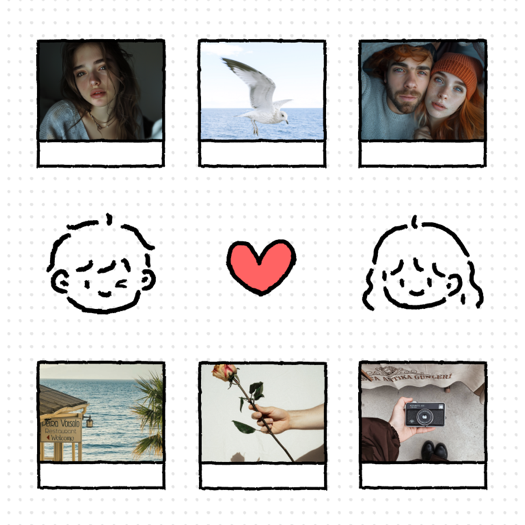 A 3x3 grid collage template with six polaroid frames and three hand-drawn doodles of a boy, a girl, and a red heart in the center row on a white dotted background.