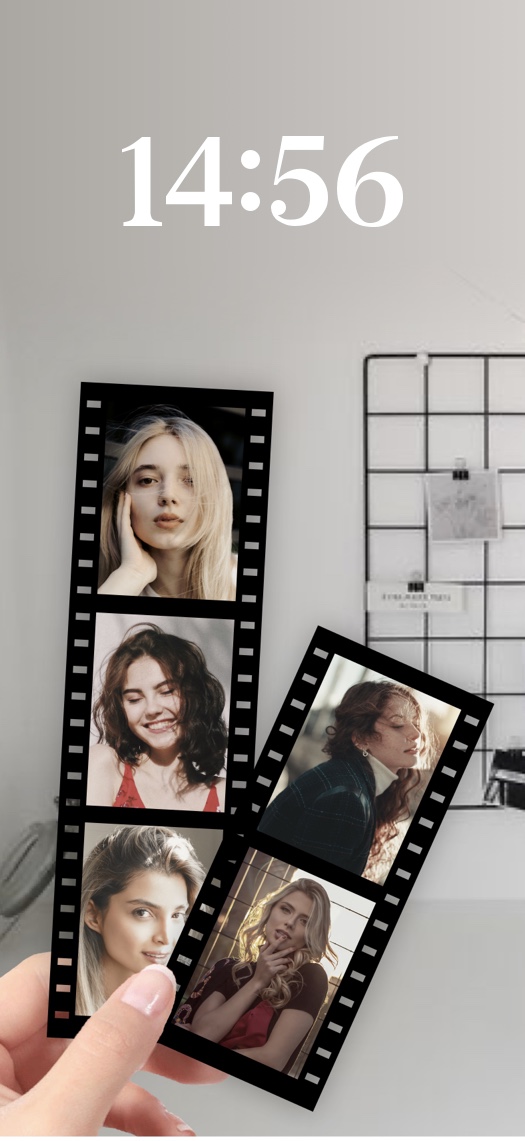 A customizable static wallpaper template featuring two overlapping film strips with photo slots against a minimalist white wall background with a wire grid.