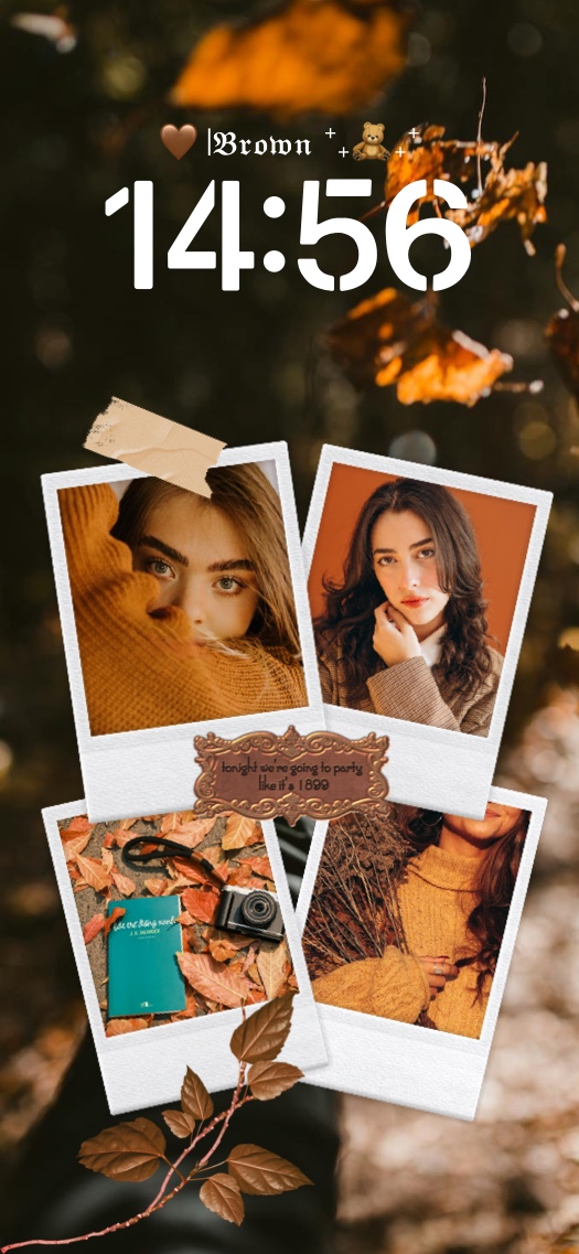 Aesthetic brown autumn collage wallpaper template with Polaroid photo frames, falling leaves, and cozy fall vibes.