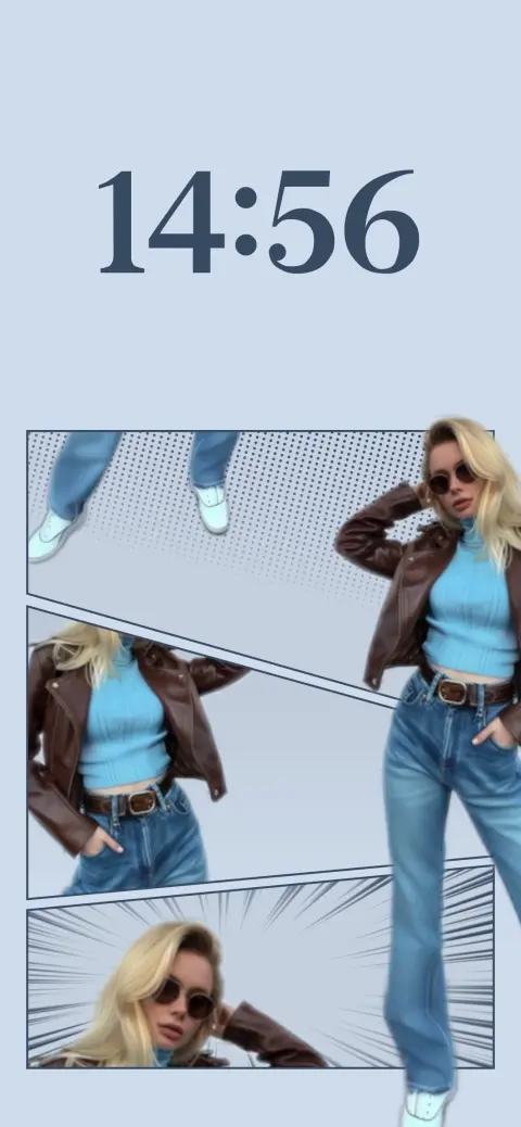 A pastel blue manga panel layout featuring a woman in a leather jacket as a placeholder, showcasing a customizable live wallpaper template.