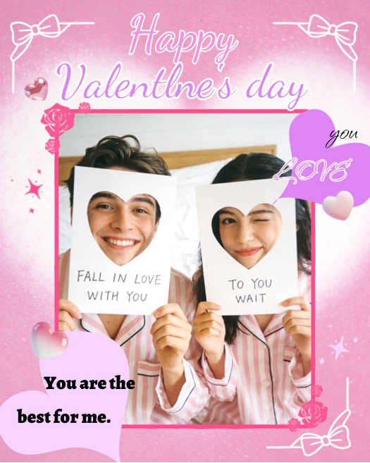 A pink Valentine's Day themed collage template with a single photo frame of a smiling couple. Decorated with 'Happy Valentine's day' text, 3D heart stickers, white corner bows, and pink roses.