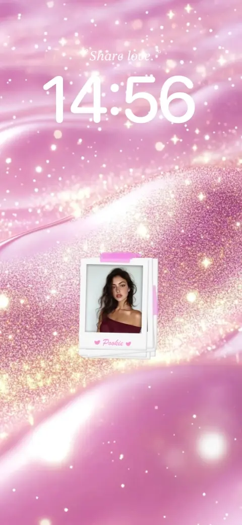 Aesthetic pink glitter live wallpaper template with a customizable polaroid photo frame and shimmering bokeh effects.