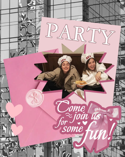 Pink coquette party invitation collage with envelope, ribbon, heart stickers, and a starburst photo cutout.