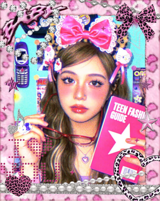 A Y2K aesthetic photo collage with a pink leopard print border, featuring a girl with a large pink bow, rhinestones, stars, and a 'Teen Fashion Guide' book.