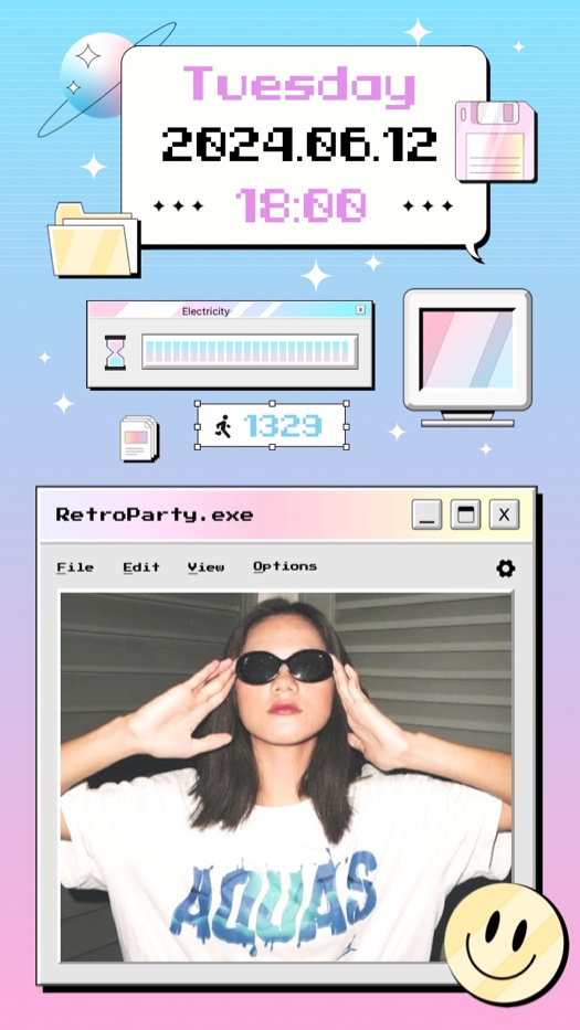 Y2K retro computer desktop collage template with pixel art icons, a loading bar, and a photo window titled RetroParty.exe.