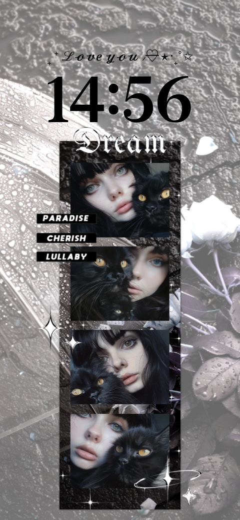 Dark aesthetic DIY phone wallpaper template featuring a girl with a black cat in a moody film strip collage layout.