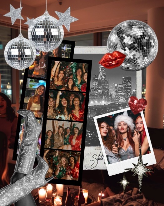 Eine Freestyle-Scrapbook-Fotocollage mit Discokugeln, glitzernden Stiefeln, Filmstreifen und Sternen vor einem nächtlichen Stadthintergrund.